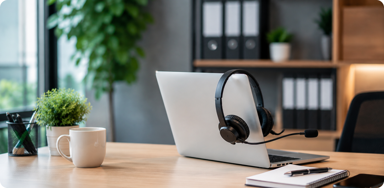 Modern office desk with laptop and headset